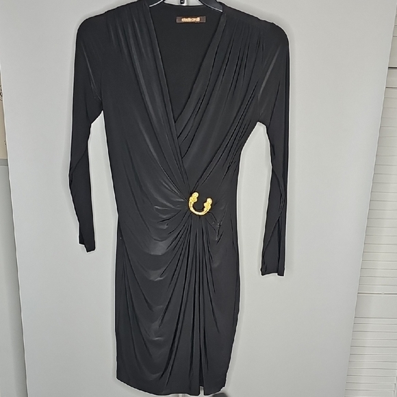SOLD -ROBERTO CAVALLI Black and Gold Long Sleeve Sheath Dress - Picture 2 of 5